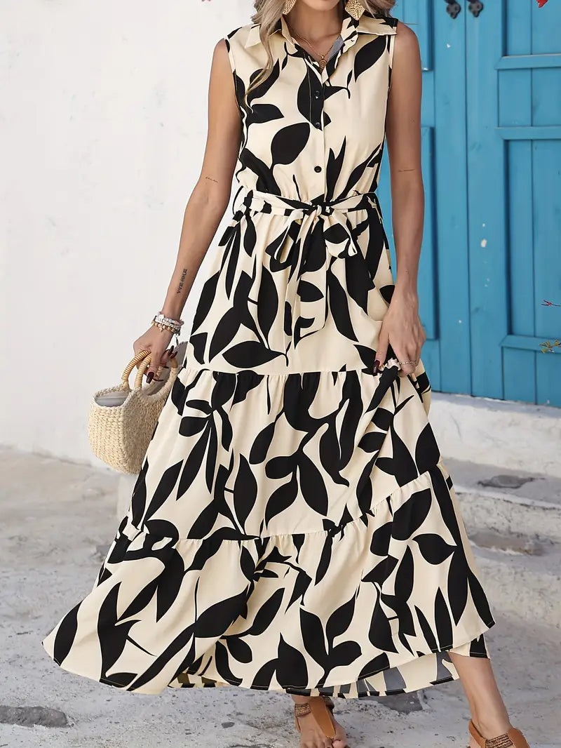 Women’s Sleeveless Floral Print Shirt Dress – Ruffled Hem