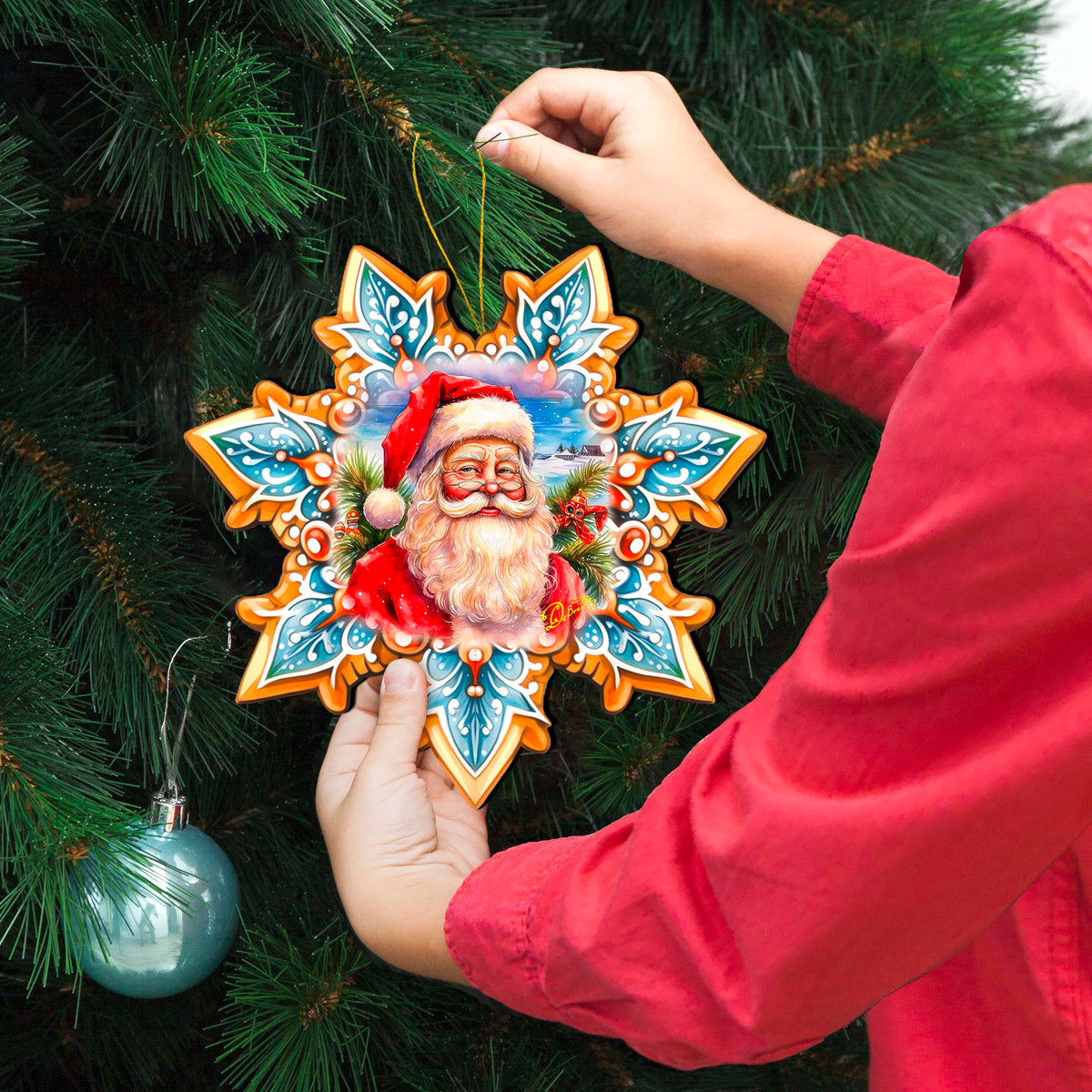 Santa Snowflake Large Wooden Ornament by G. Debrekht - Christmas Santa Snowman Decor - 8688422M