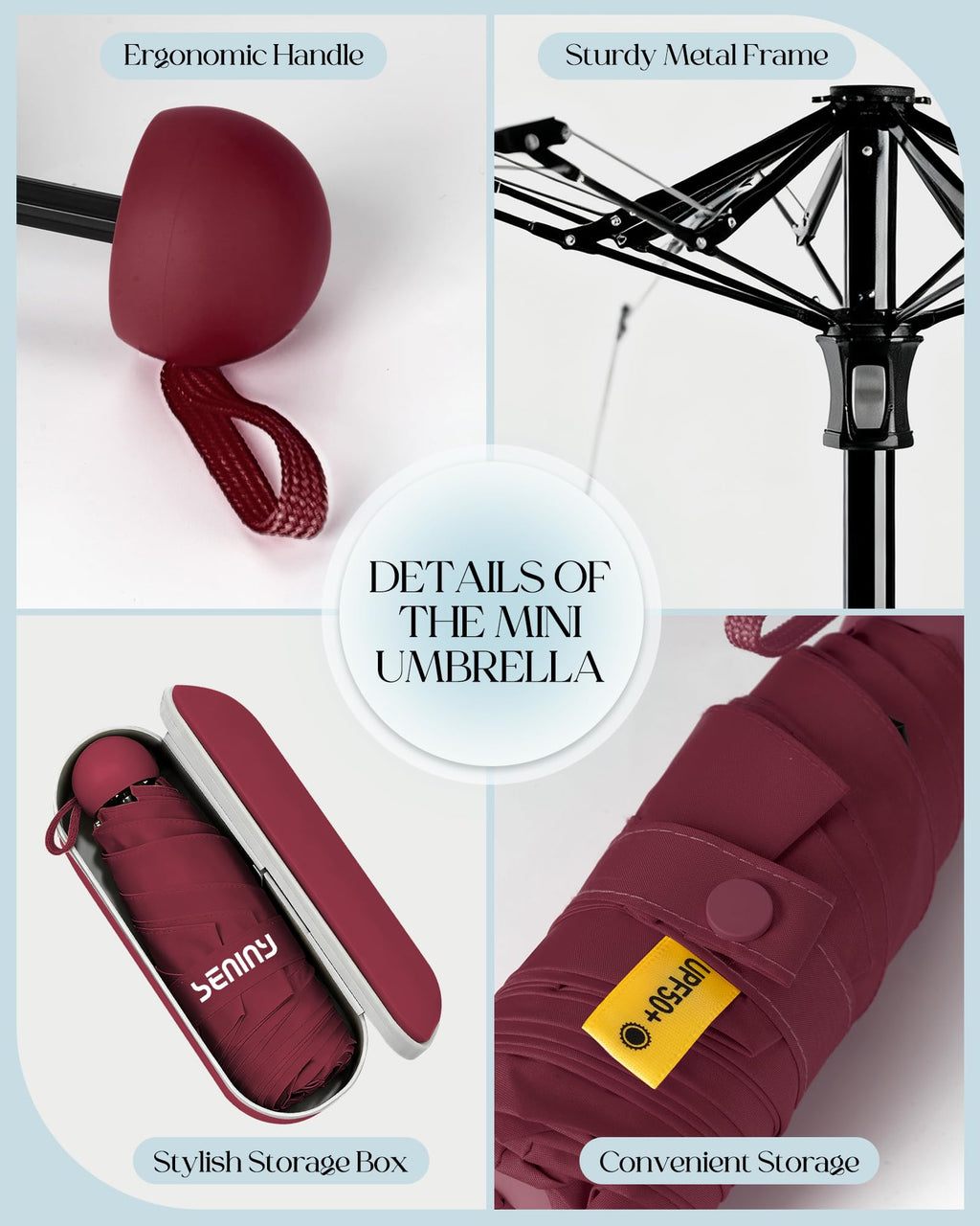 Seniny Mini Travel Umbrella with Case, Compact Pocket Size UV Sun & Rain
