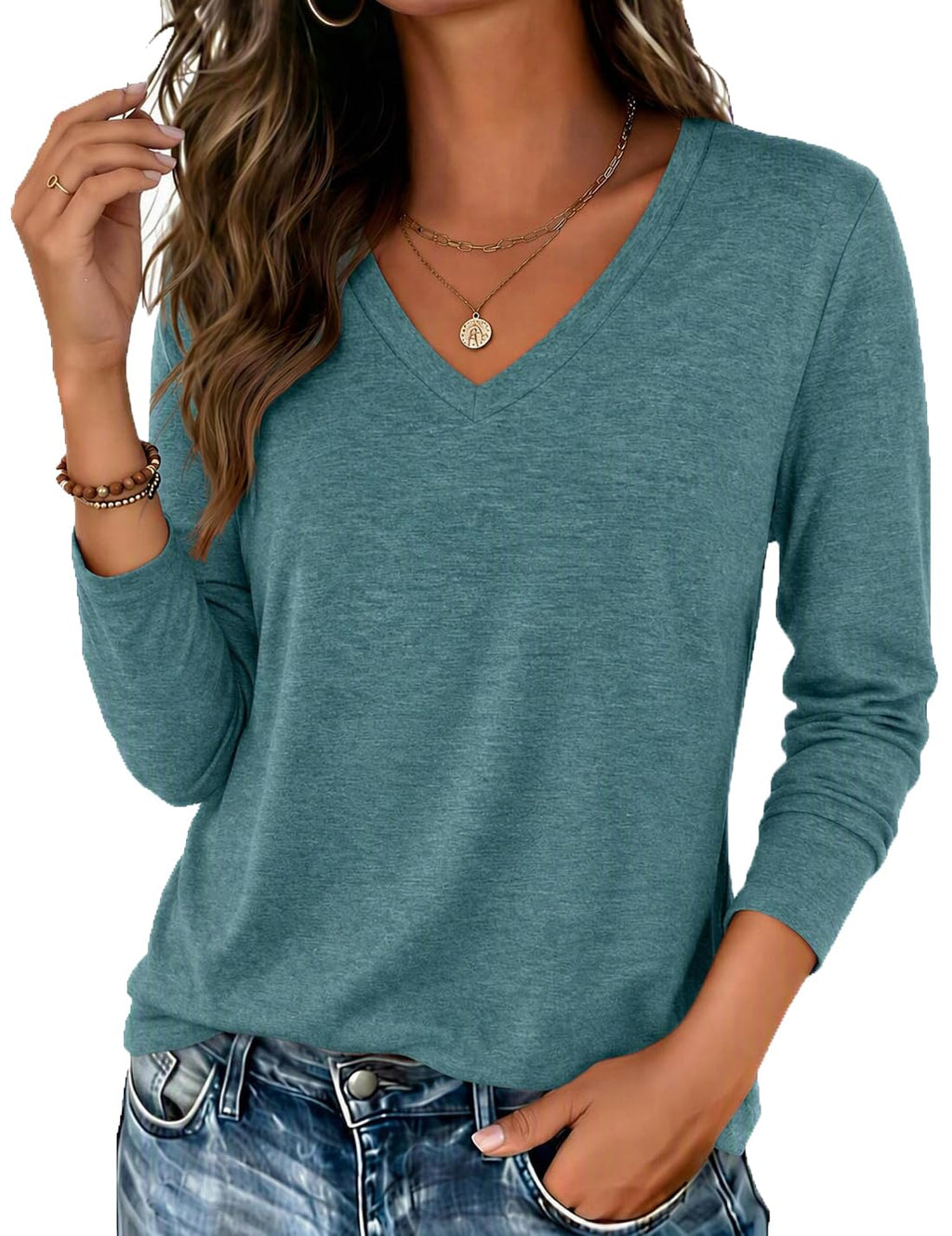 Zeagoo Womens Shirts Long Sleeve Tops V Neck Casual Basic Tee Fall Outfits