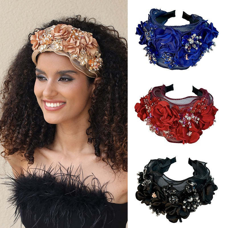 Fabric Flower Heavy Industry Wide Edge Crystal Super Immortal Women's Headband