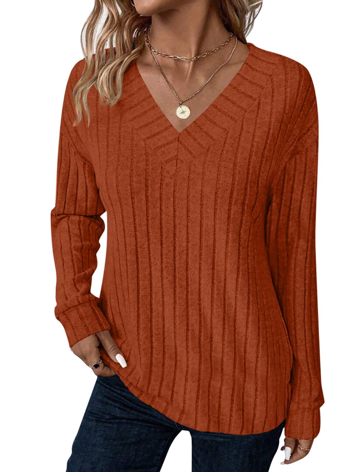 JUSTFASHIONNOW Long Sleeve V Neck Shirts for Women Lightweight Sweaters