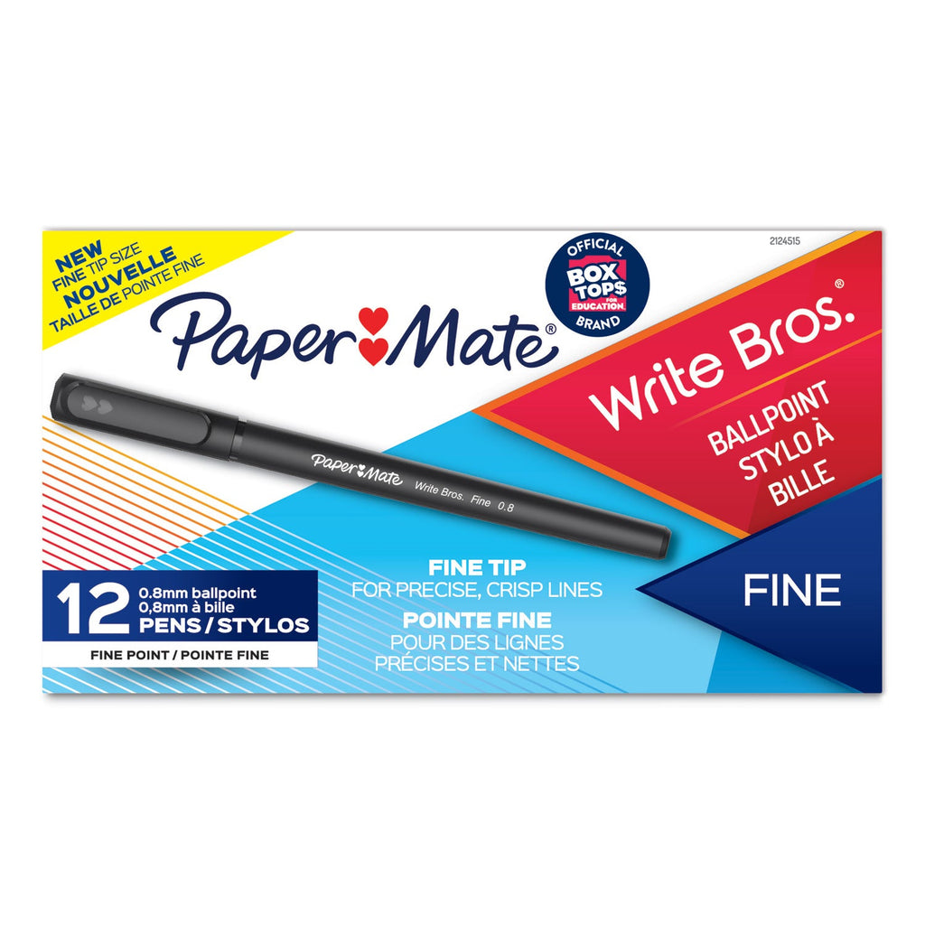Paper Mate Write Bros. Ballpoint Pen, Stick, Fine 0.8 mm, Black Ink, Black Barrel, Dozen