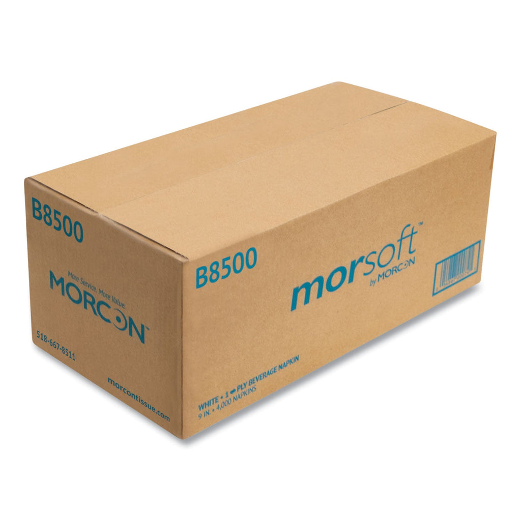 Morcon Tissue Morsoft Beverage Napkins, 9 x 9/4, White, 500/Pack, 8 Packs/Carton