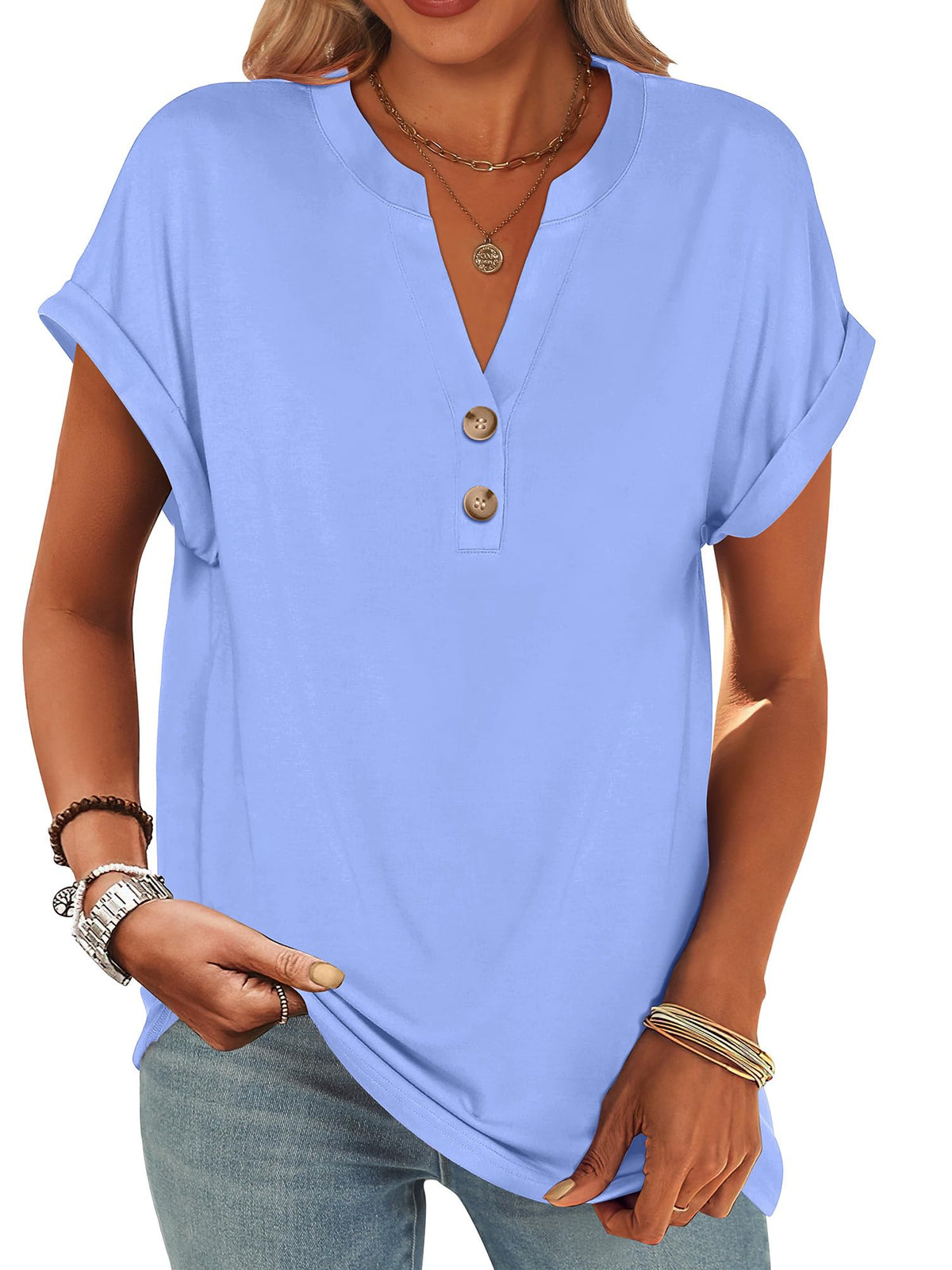 ANRABESS Womens Short Sleeve Henley Tops Summer Shirts Dressy Casual Blouse