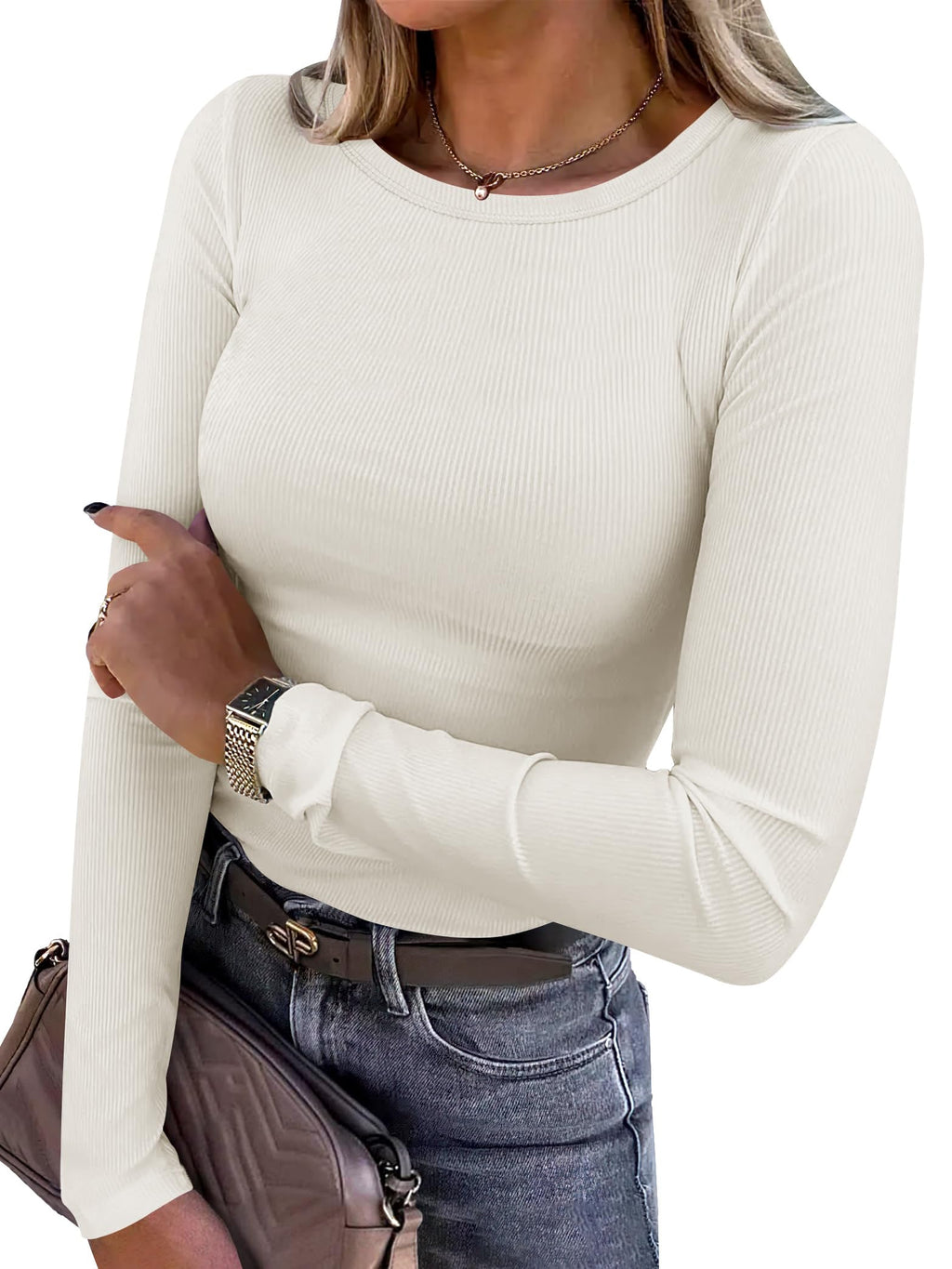 ANRABESS Women Long Sleeve Shirts Ribbed Fitted Tops