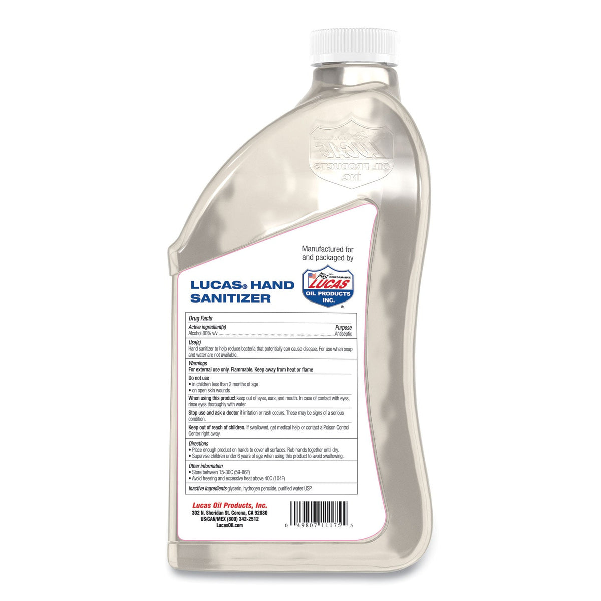 Lucas Oil Liquid Hand Sanitizer, 0.5 gal Bottle, Unscented, 6/Carton