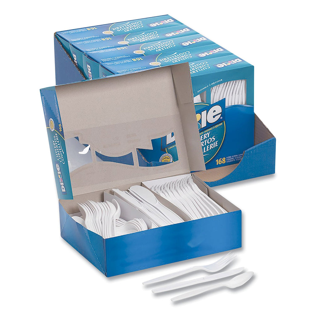 Dixie Combo Pack, Tray with White Plastic Utensils, 56 Forks, 56 Knives, 56 Spoons, 6 Packs
