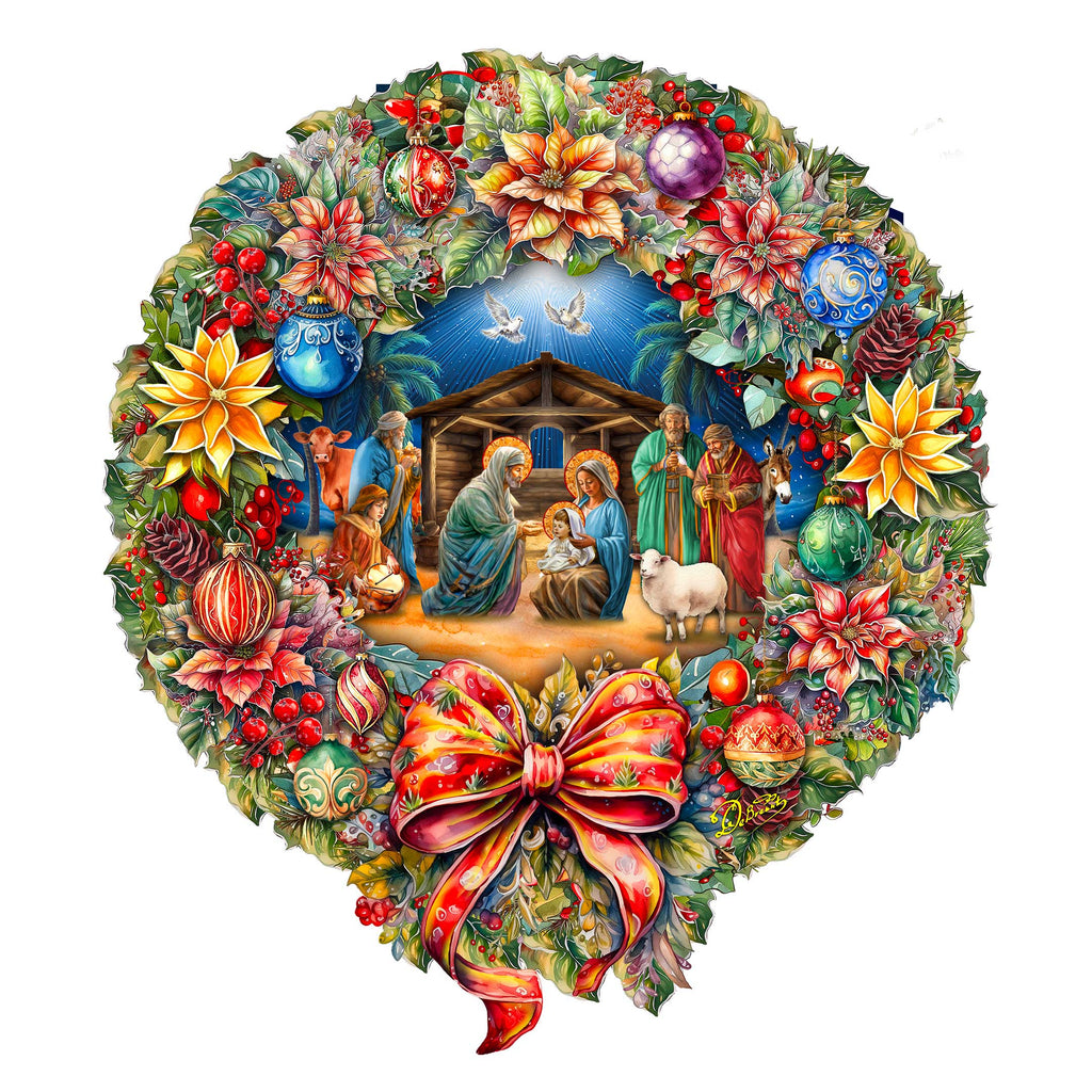 Nativity Wreath Outdoor Indoor Decor Wooden Christmas Decoration by G. Debrekht - Christmas Decor - 8652805F