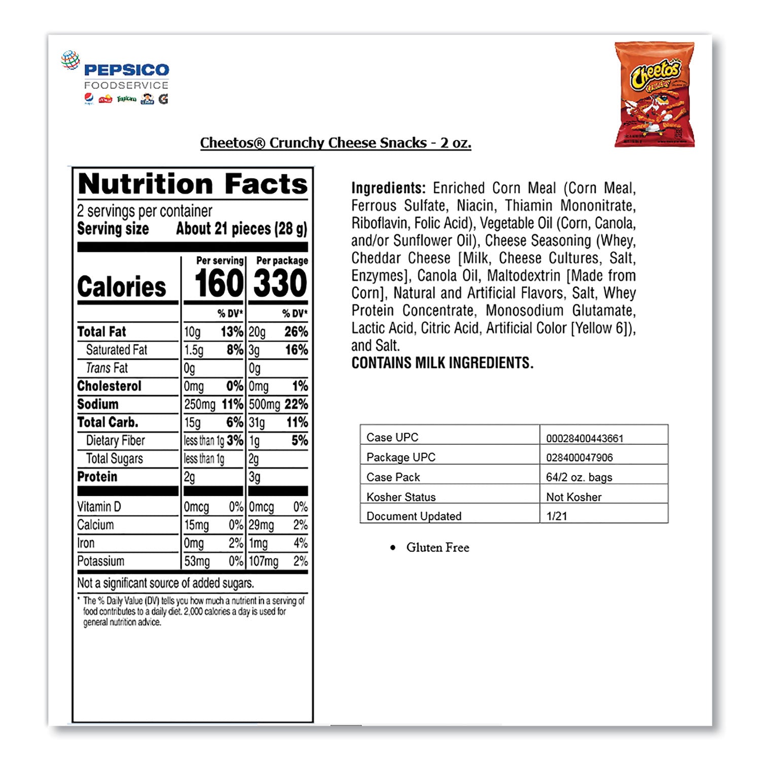 Cheetos Crunchy Cheese Flavored Snacks, 2 oz Bag, 64/Carton