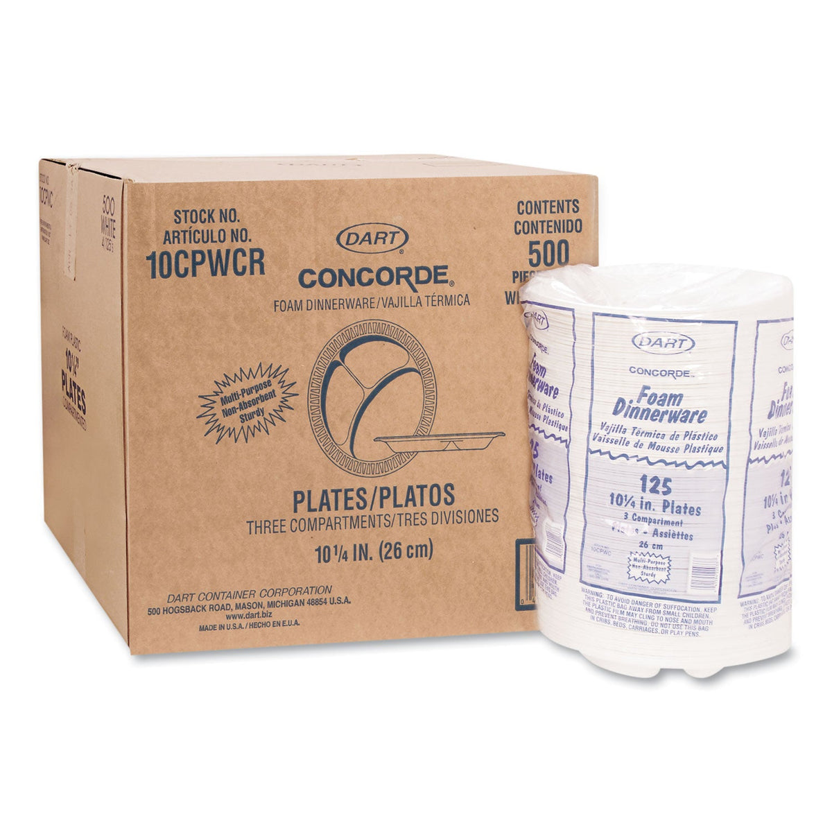 Dart Concorde Foam Plate, 3-Compartment, 10.25" dia, White, 125/Pack, 4 Packs/Carton