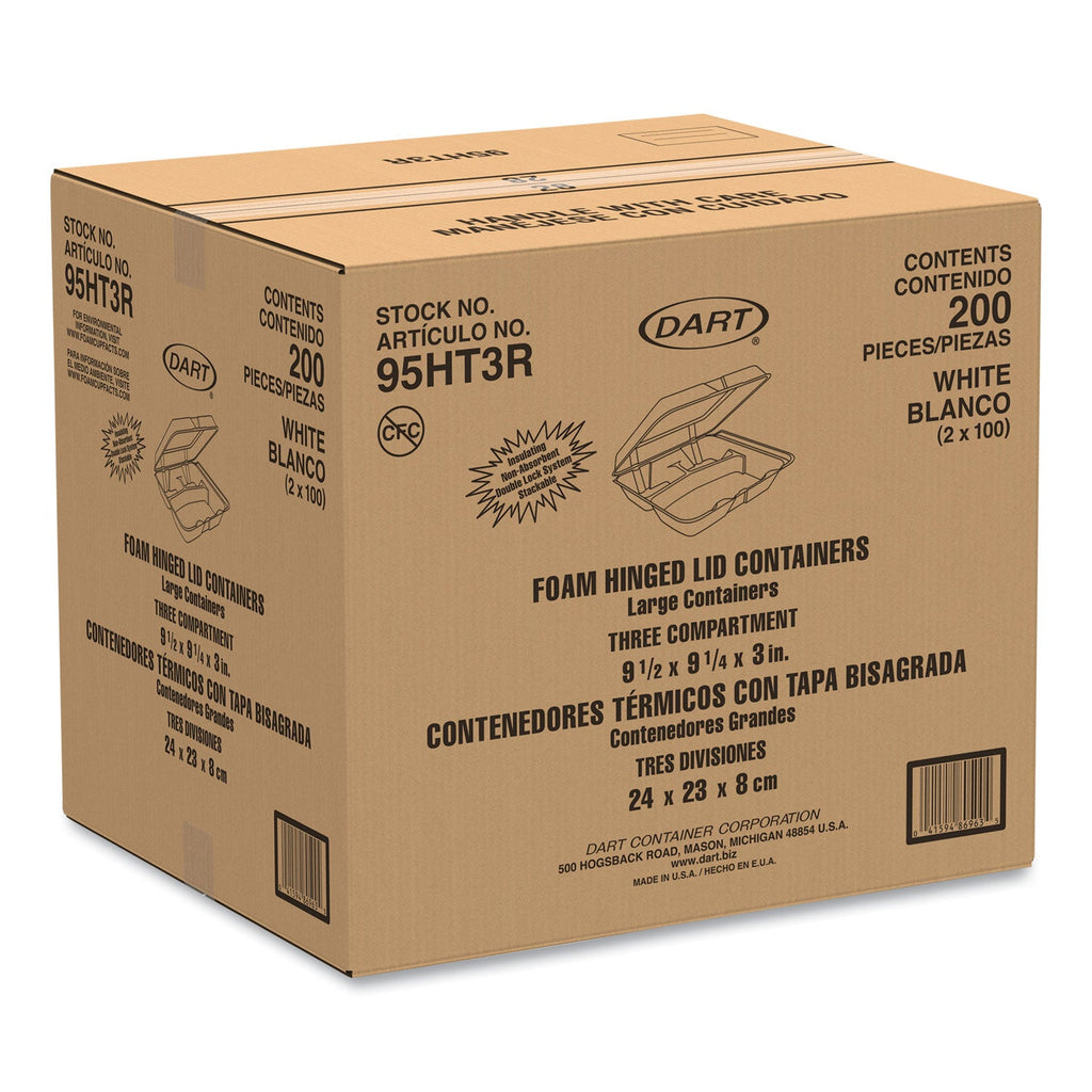 Dart Foam Hinged Lid Containers, 3-Compartment, 9.25 x 9.5 x 3, White, 200/Carton