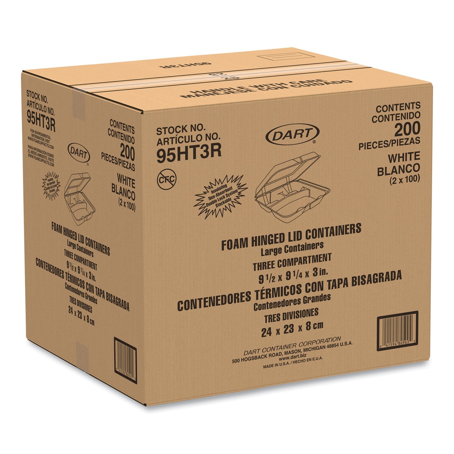 Dart Foam Hinged Lid Containers, 3-Compartment, 9.25 x 9.5 x 3, White, 200/Carton
