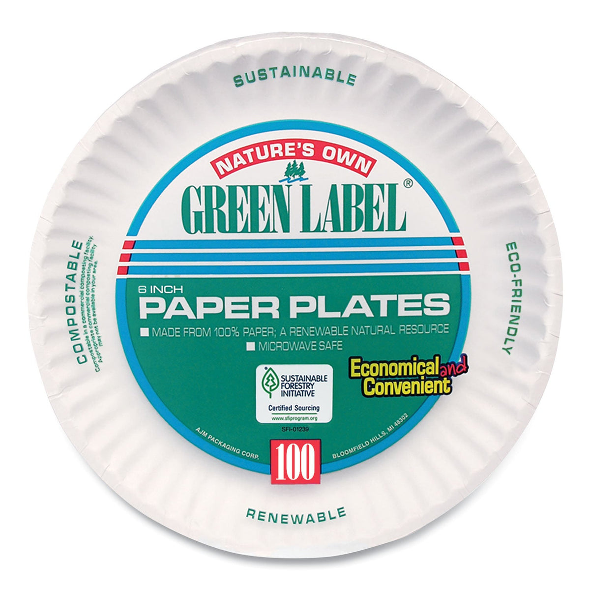 AJM Packaging Corporation White Paper Plates, 6" dia, 100/Pack, 10 Packs/Carton