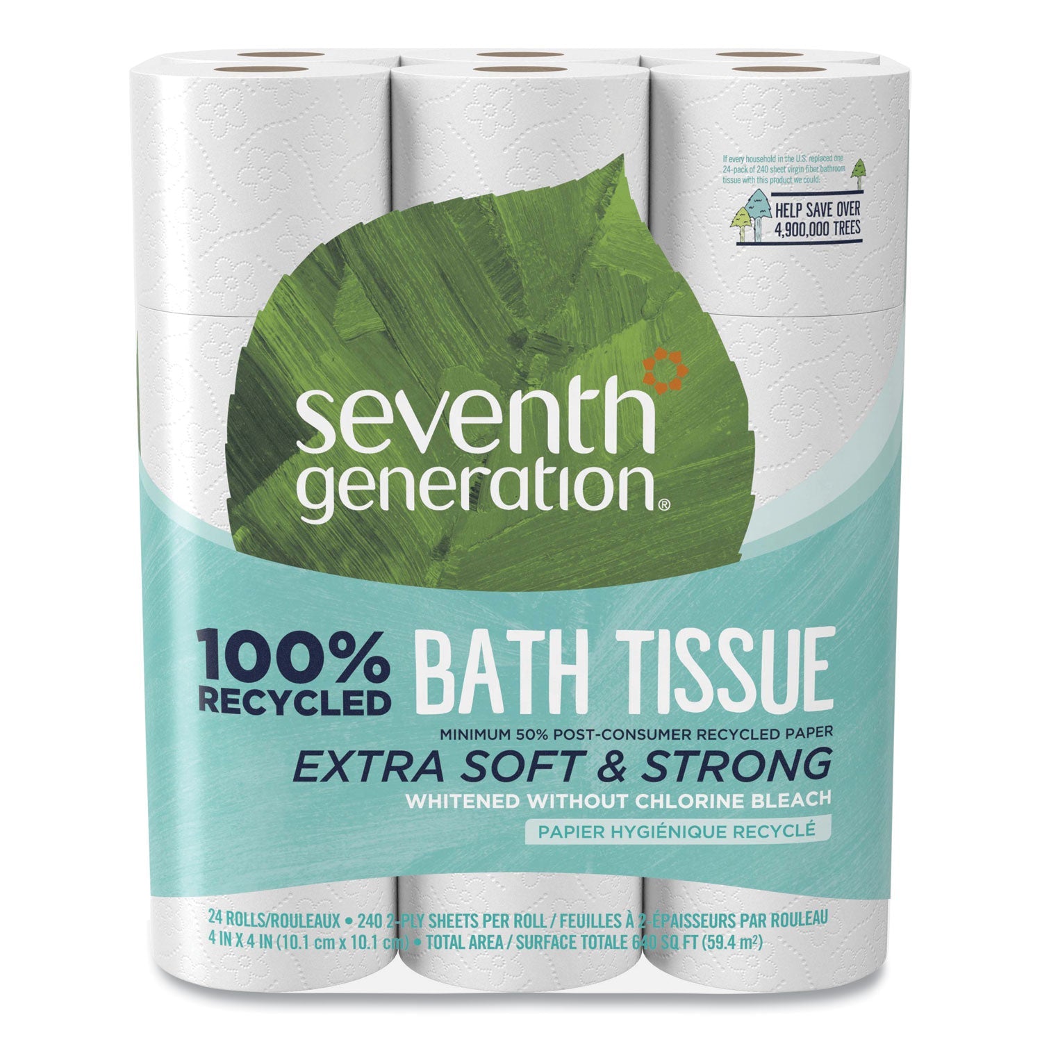 Seventh Generation 100% Recycled Bathroom Tissue, Septic Safe, 2-Ply, White, 240 Sheets/Roll, 24/Pack, 2 Packs/Carton