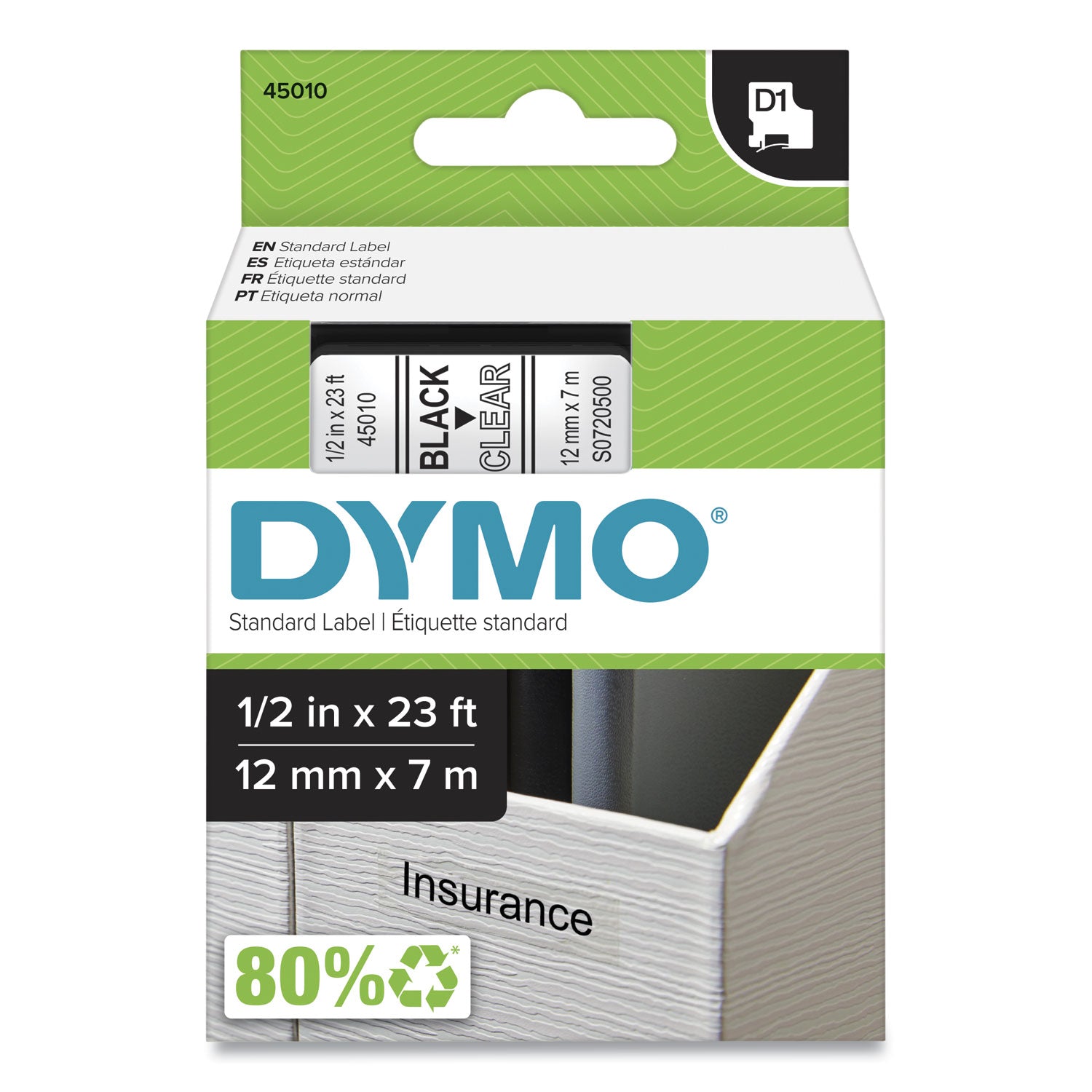 DYMO D1 High-Performance Polyester Removable Label Tape, 0.5" x 23 ft, Black on Clear