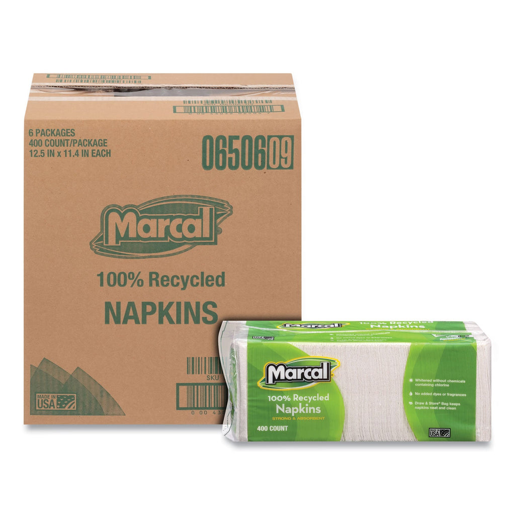 Marcal 100% Recycled Luncheon Napkins, 11.4 x 12.5, White, 400/Pack, 6PK/CT