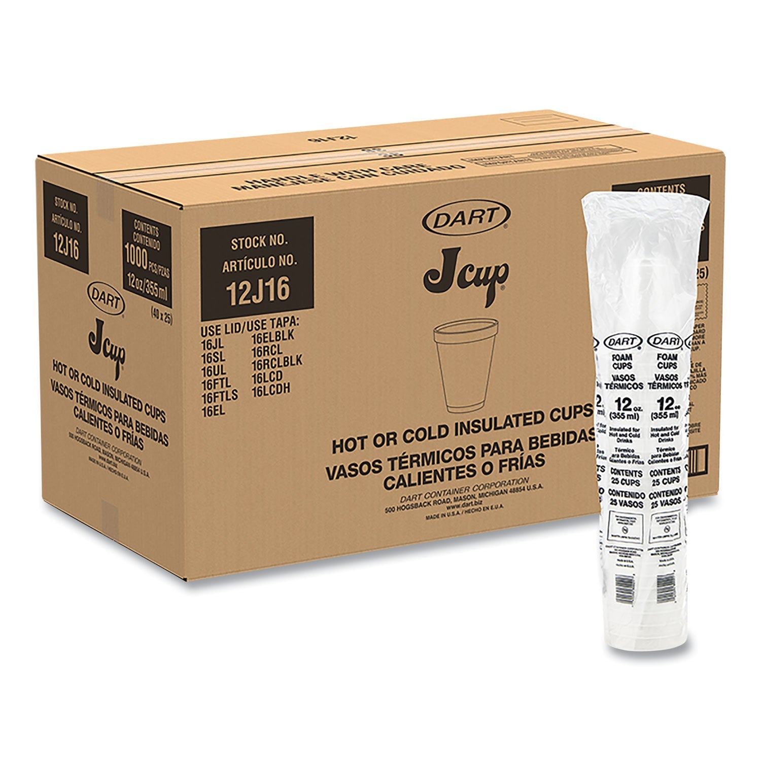 Dart Foam Drink Cups, 12 oz, White, 1,000/Carton