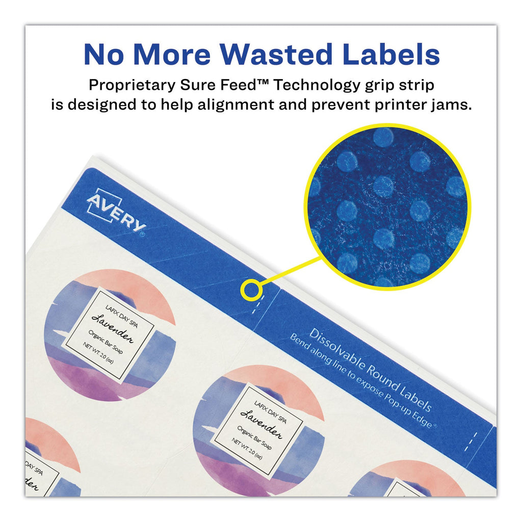 Avery White Dissolvable Labels w/ Sure Feed, 2" dia, White, 60/Pk,