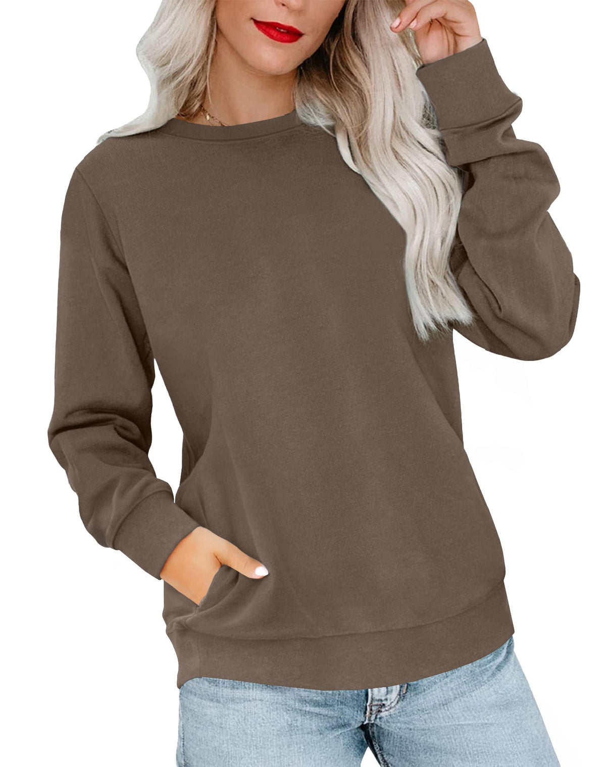 RUMIA Crewneck Fall Sweatshirt for Women Plain Long Sleeve Top with Pocket