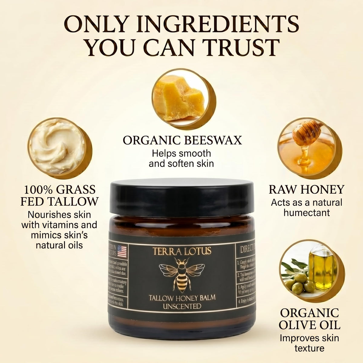 Terra Lotus - Organic Grass-Fed Beef Tallow Balm with Raw Honey - Moisturizing Cream - Handmade All-Natural Moisturizer (4 Oz, Unscented)