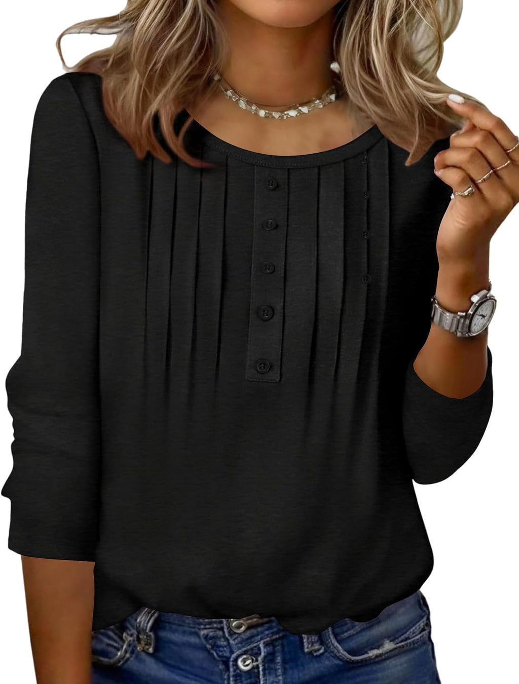 Zeagoo 3/4 Length Sleeve Womens Tops Round Neck Casual Summer Tunic Tops Basic Tees Blouses Dressy T-Shirts Pleated Shirts