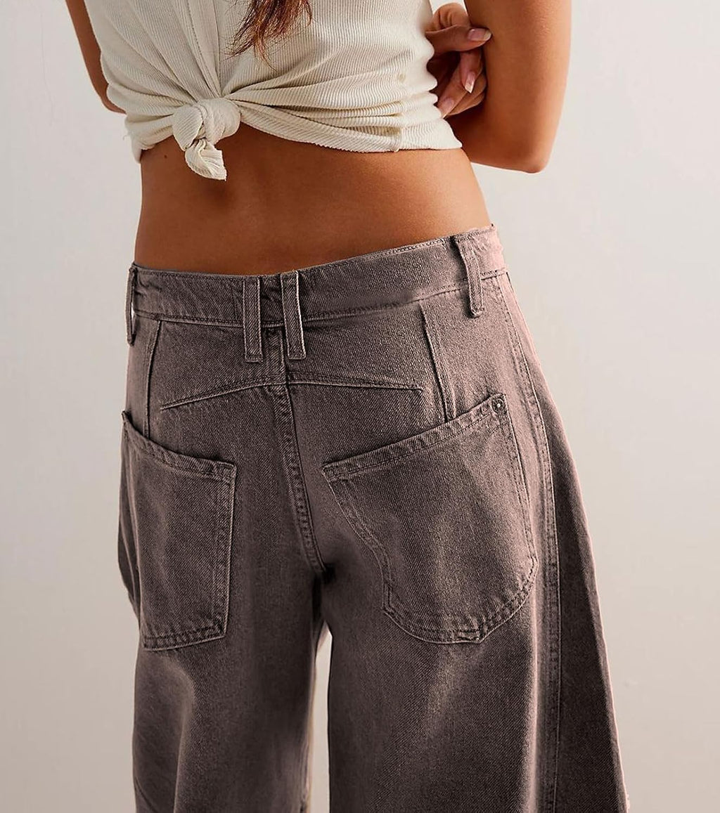 Womens Stretchy Mid Rise Barrel Jeans Vintage Loose Wide Leg Cropped Denim Pants Y2k Baggy Boyfriend Jeans