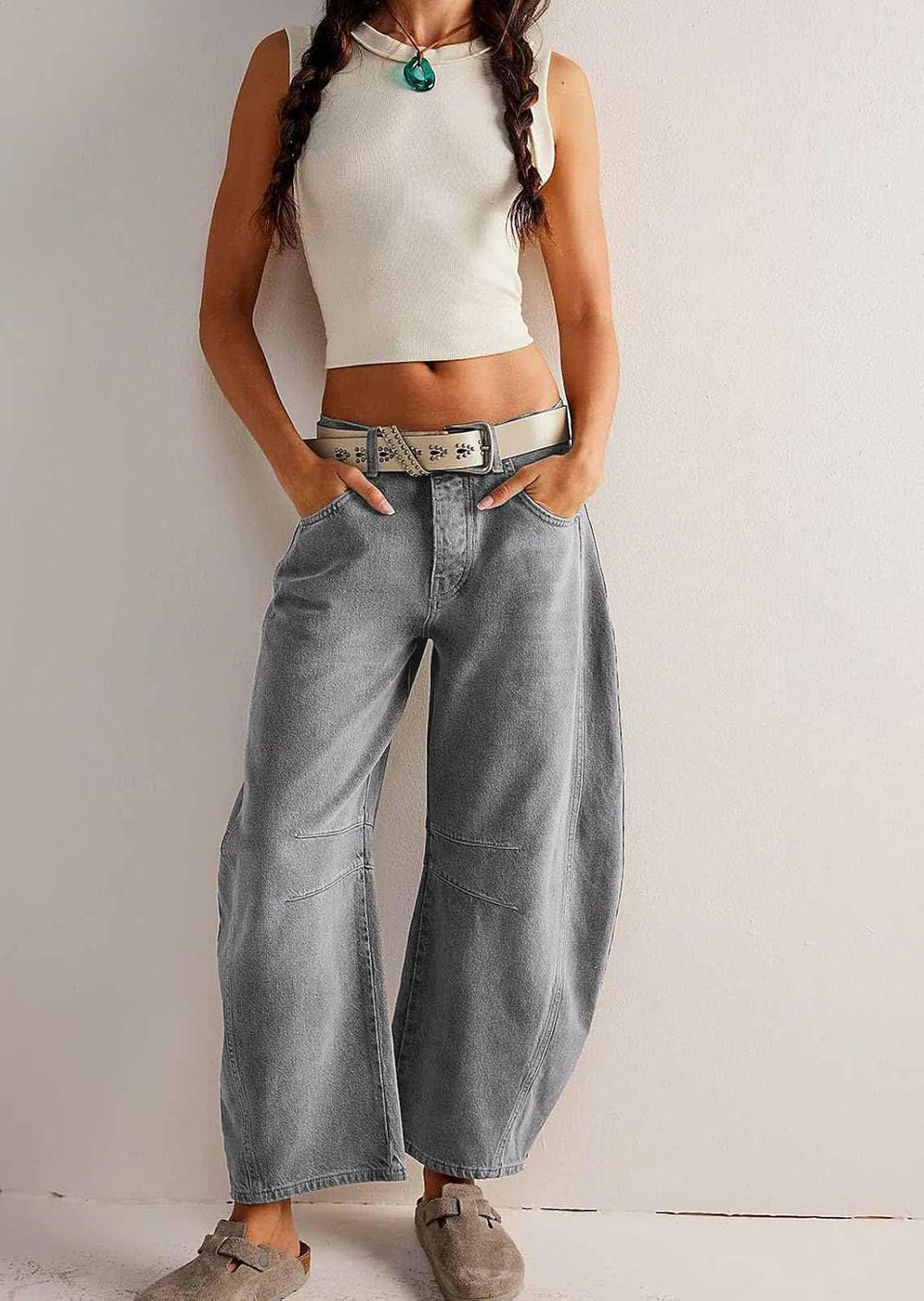 Womens Stretchy Mid Rise Barrel Jeans Vintage Loose Wide Leg Cropped Denim Pants Y2k Baggy Boyfriend Jeans