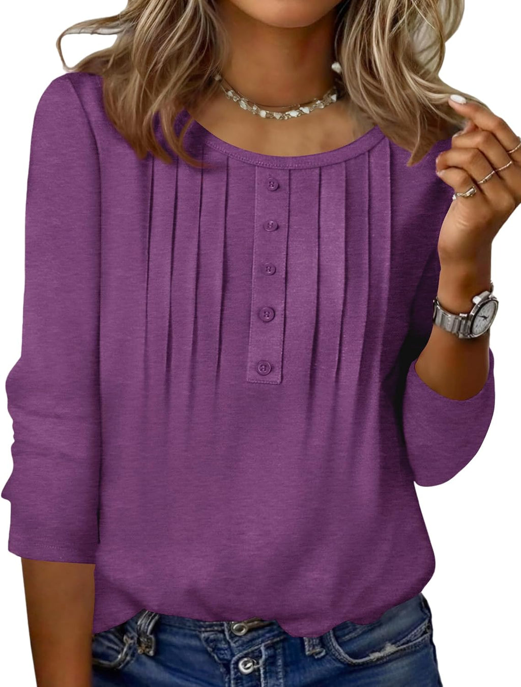 Zeagoo 3/4 Length Sleeve Womens Tops Round Neck Casual Summer Tunic Tops Basic Tees Blouses Dressy T-Shirts Pleated Shirts