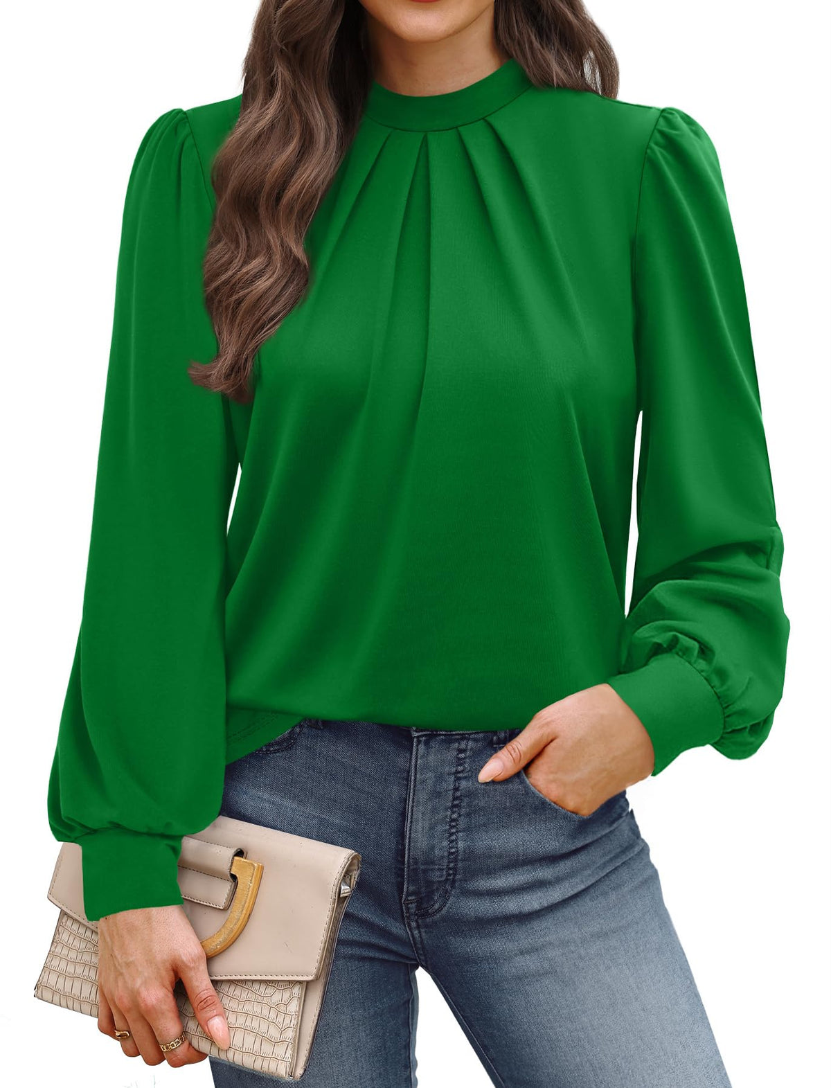 WIHOLL Long Sleeve Shirts for Women Mock Neck Tops Pleated Front Blouses Dressy Casual Spring Fall Clothes 2026 Fashion