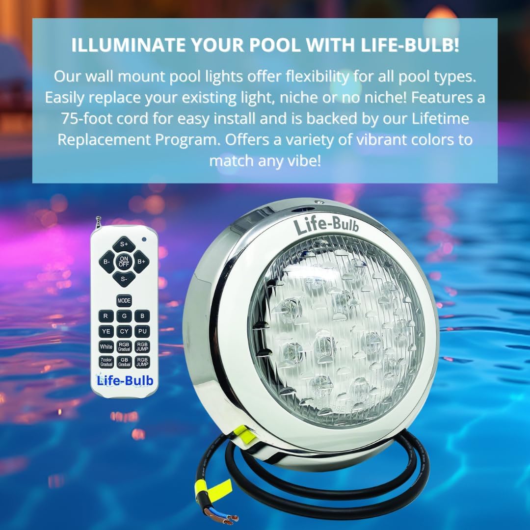 Life-Bulb Wall-Mount Color LED Inground Pool Light (75ft Cord) | 12V Low Voltage (60W Max) | Lifetime Replacement Program