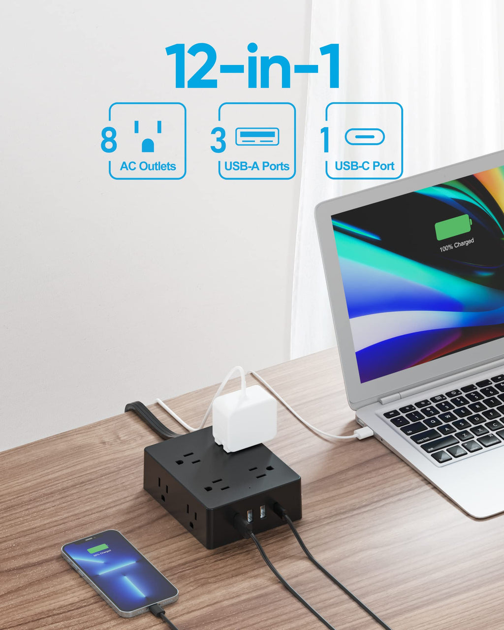 Olcorife Flat Plug Power Strip with 10 FT Extension Cord, 8 Outlets 4 USB Ports(1 USB C), 3 Sided Outlet Extender for Home Office Travel Dorm Room Essentials, White