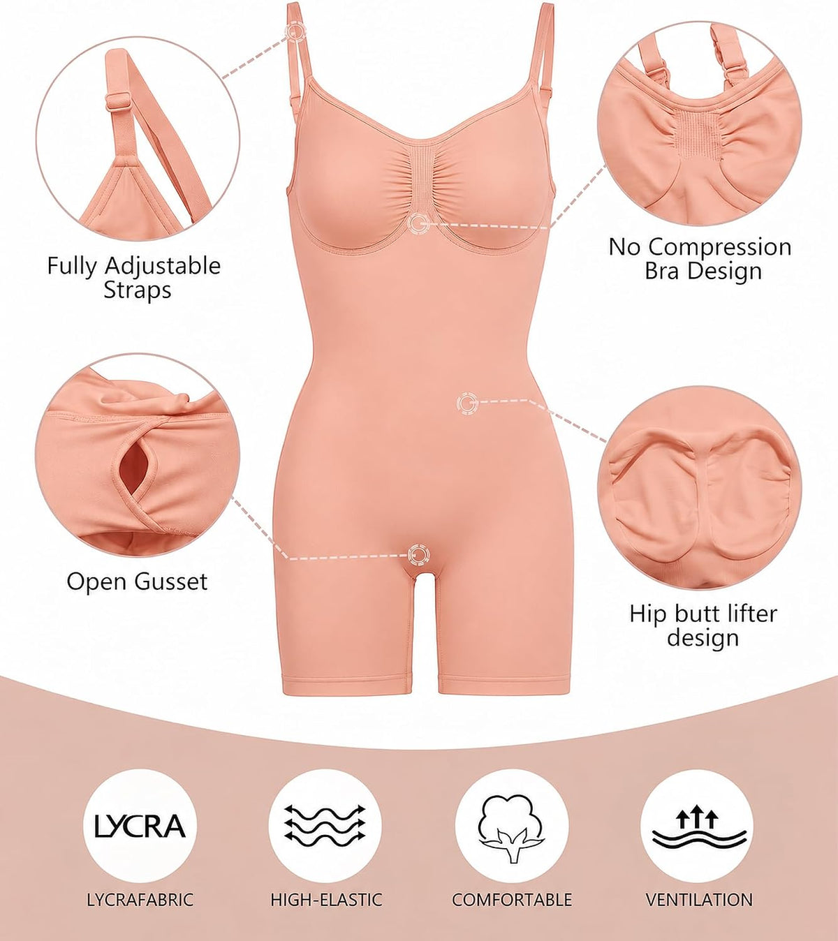 SHAPERX Shapewear for Women Tummy Control Bodysuit Mid Thigh Body Shaper Shorts for a Lifted Look