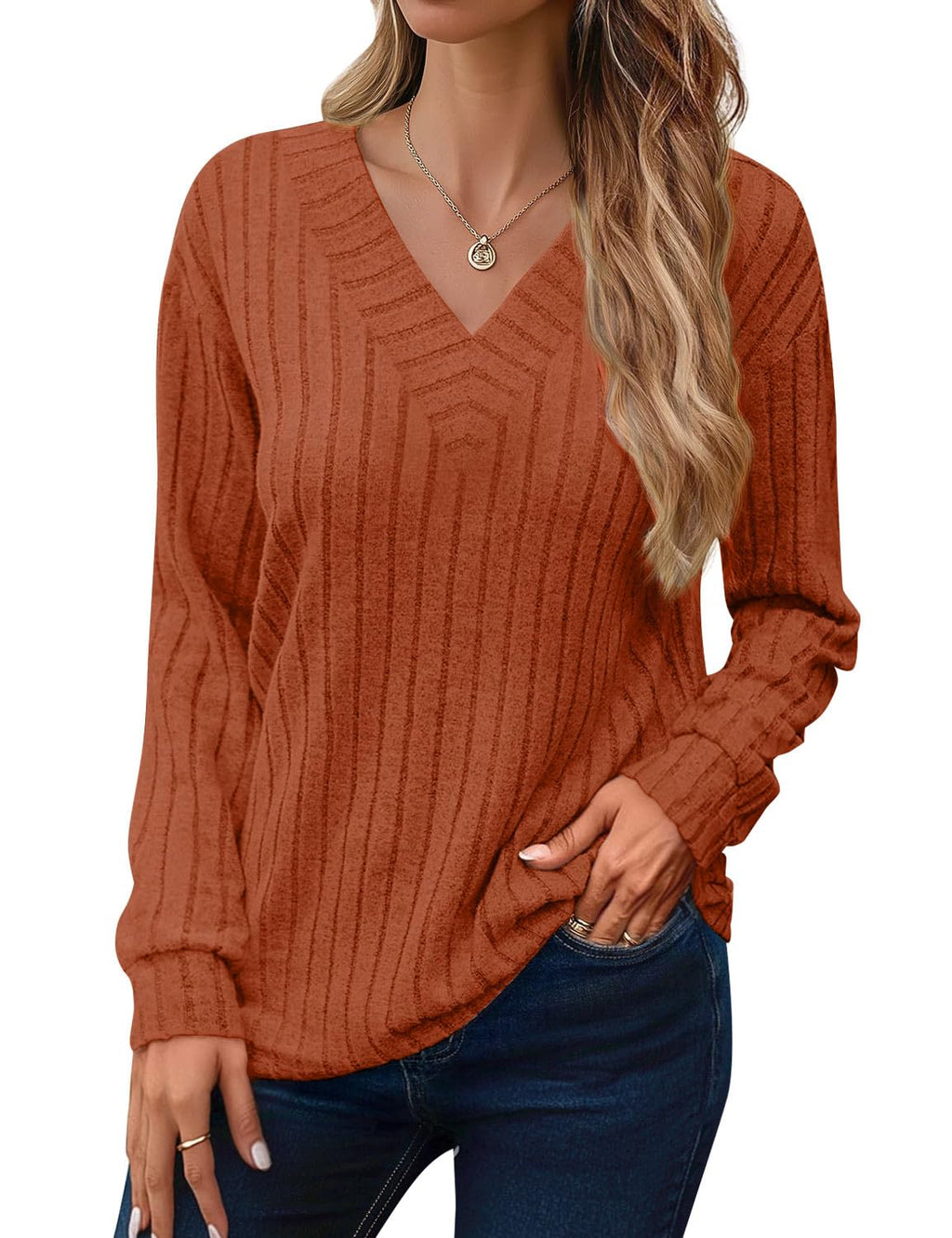JUSTFASHIONNOW Long Sleeve V Neck Shirts for Women Lightweight Sweaters