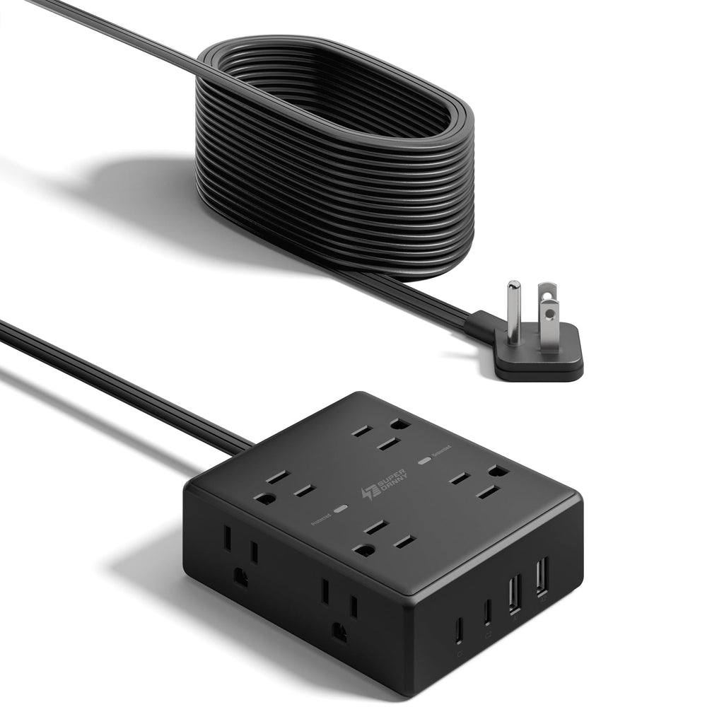 SUPERDANNY Extension Cord,Flat Plug Surge Protector Power Strip,10Ft