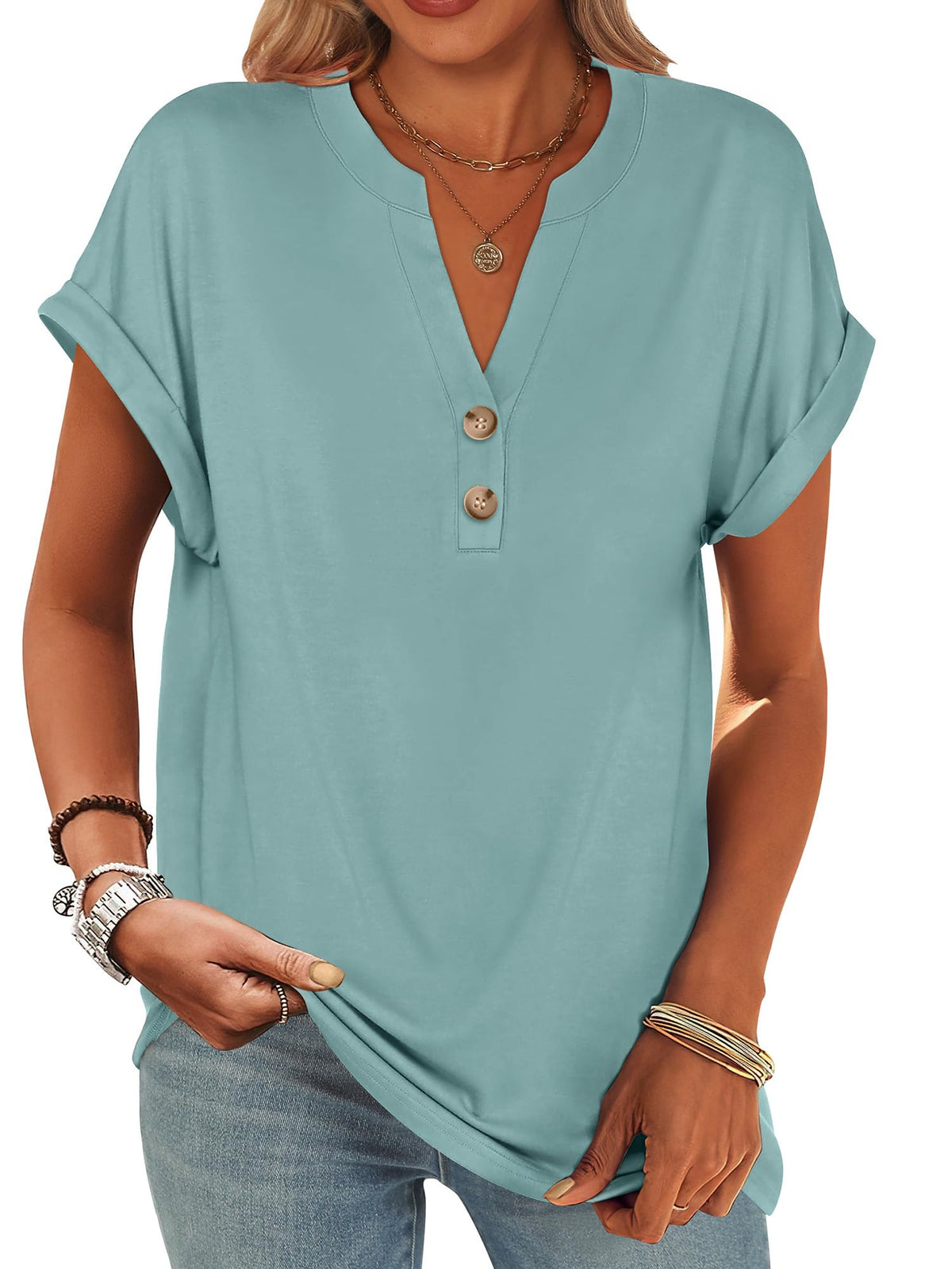 ANRABESS Womens Short Sleeve Henley Tops Summer Shirts Dressy Casual Blouse