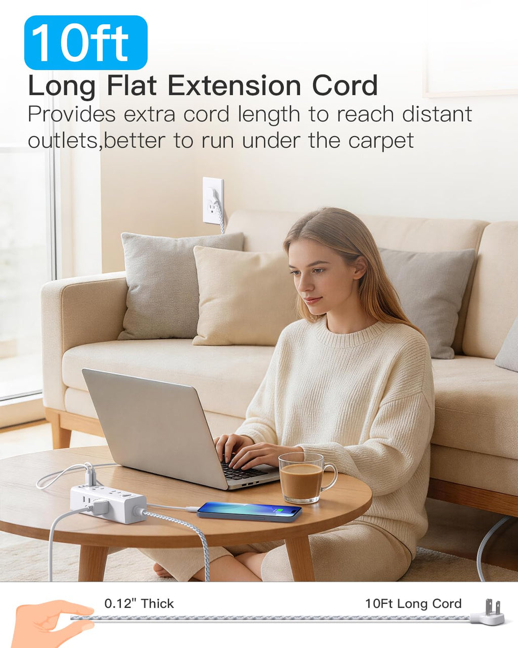 Surge Protector Power Strip 10Ft Long Extension Cord with Multiple Outlets