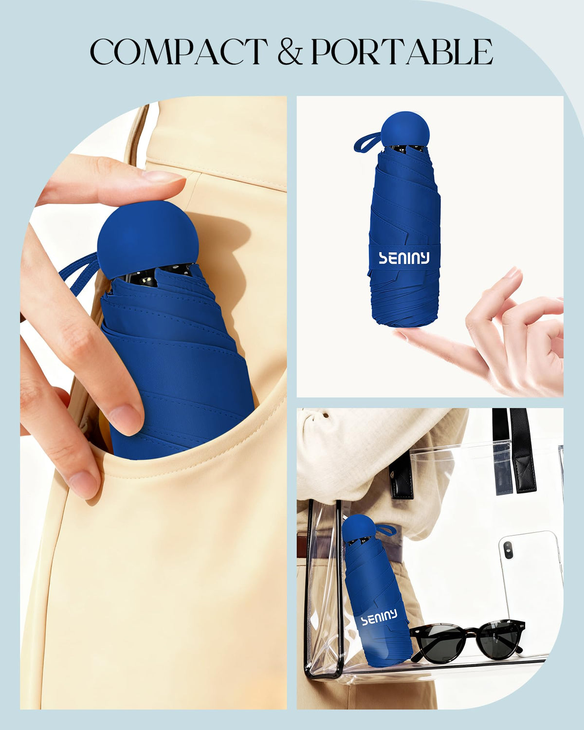 Seniny Mini Travel Umbrella with Case, Compact Pocket Size UV Sun & Rain