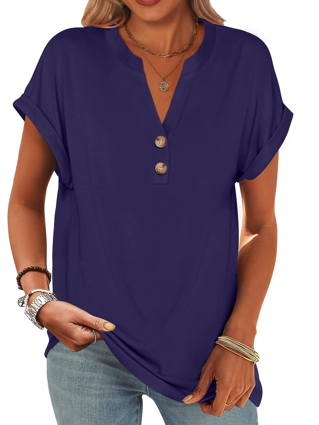 ANRABESS Womens Short Sleeve Henley Tops Summer Shirts Dressy Casual Blouse