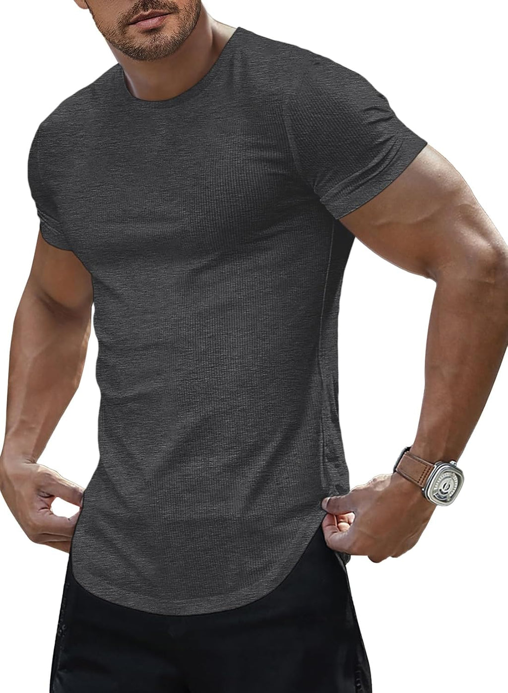 JMIERR Mens Short Sleeve T Shirt Summer Muscle Slim Fitted Crewneck Longline Tees Shirts for Gym Workout