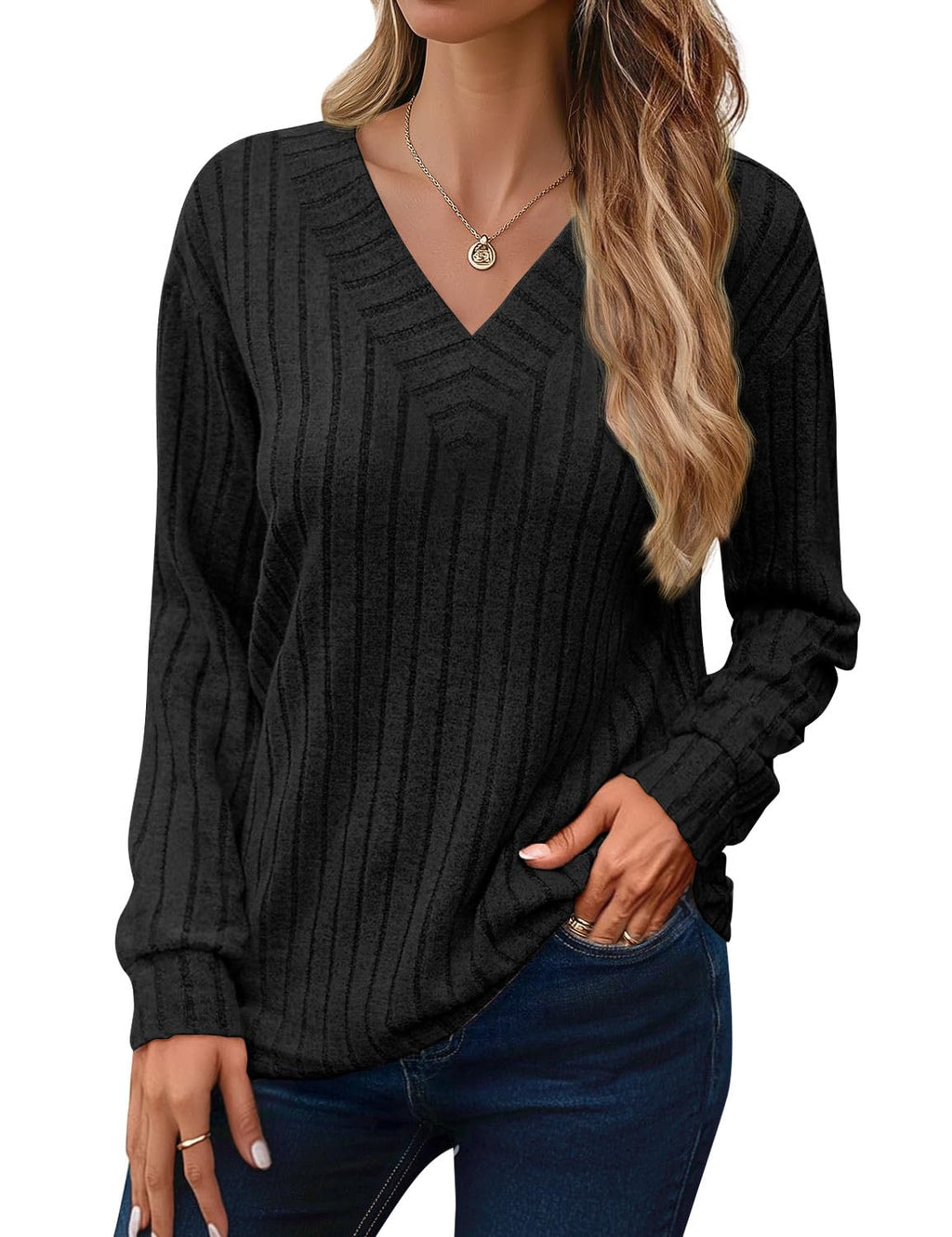 JUSTFASHIONNOW Long Sleeve V Neck Shirts for Women Lightweight Sweaters