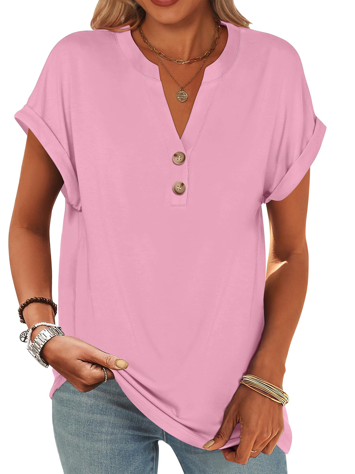 ANRABESS Womens Short Sleeve Henley Tops Summer Shirts Dressy Casual Blouse