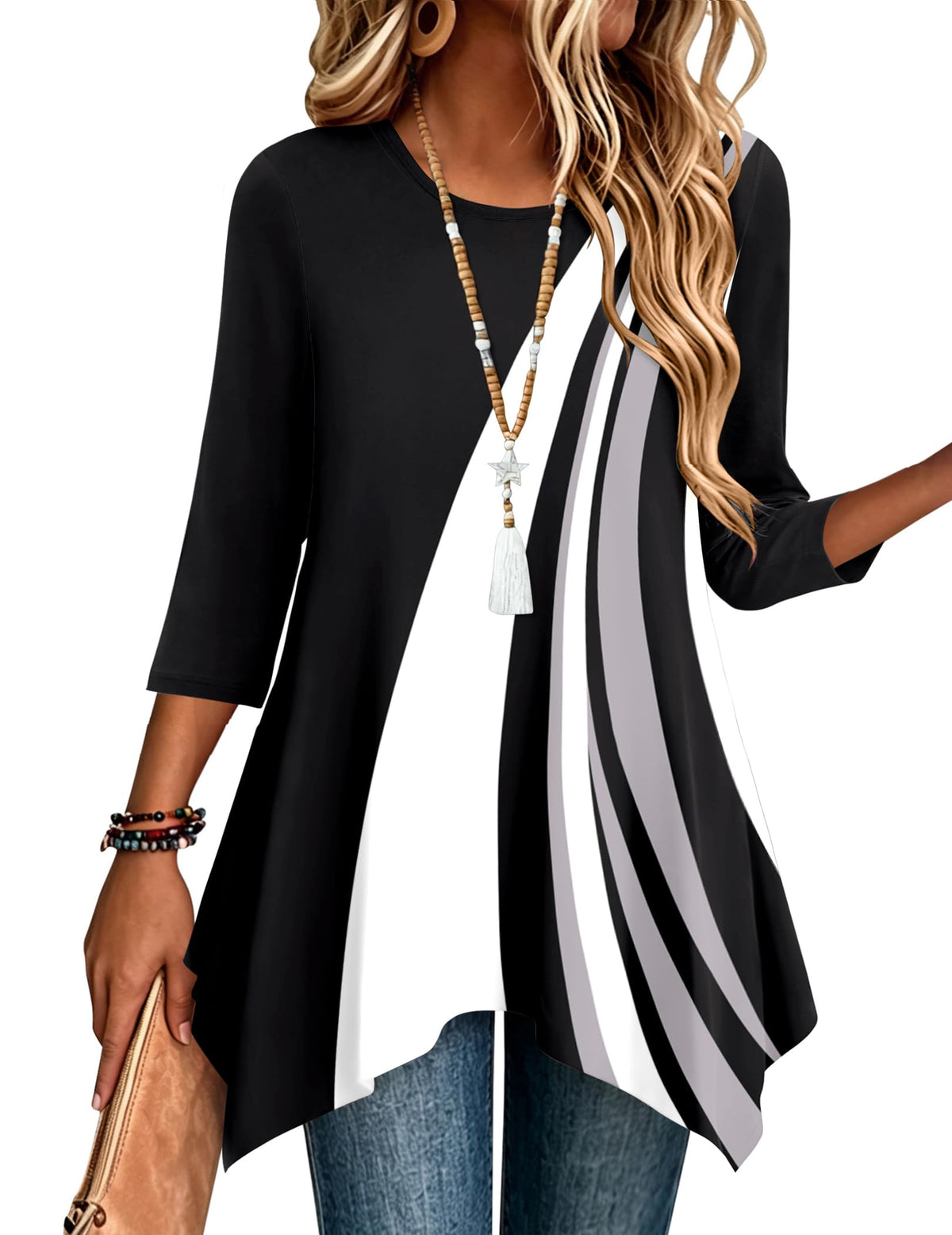 Zeagoo Womens Tops 3/4 Sleeve Loose Fit Dressy Tunics Plus Size Boho Shirts