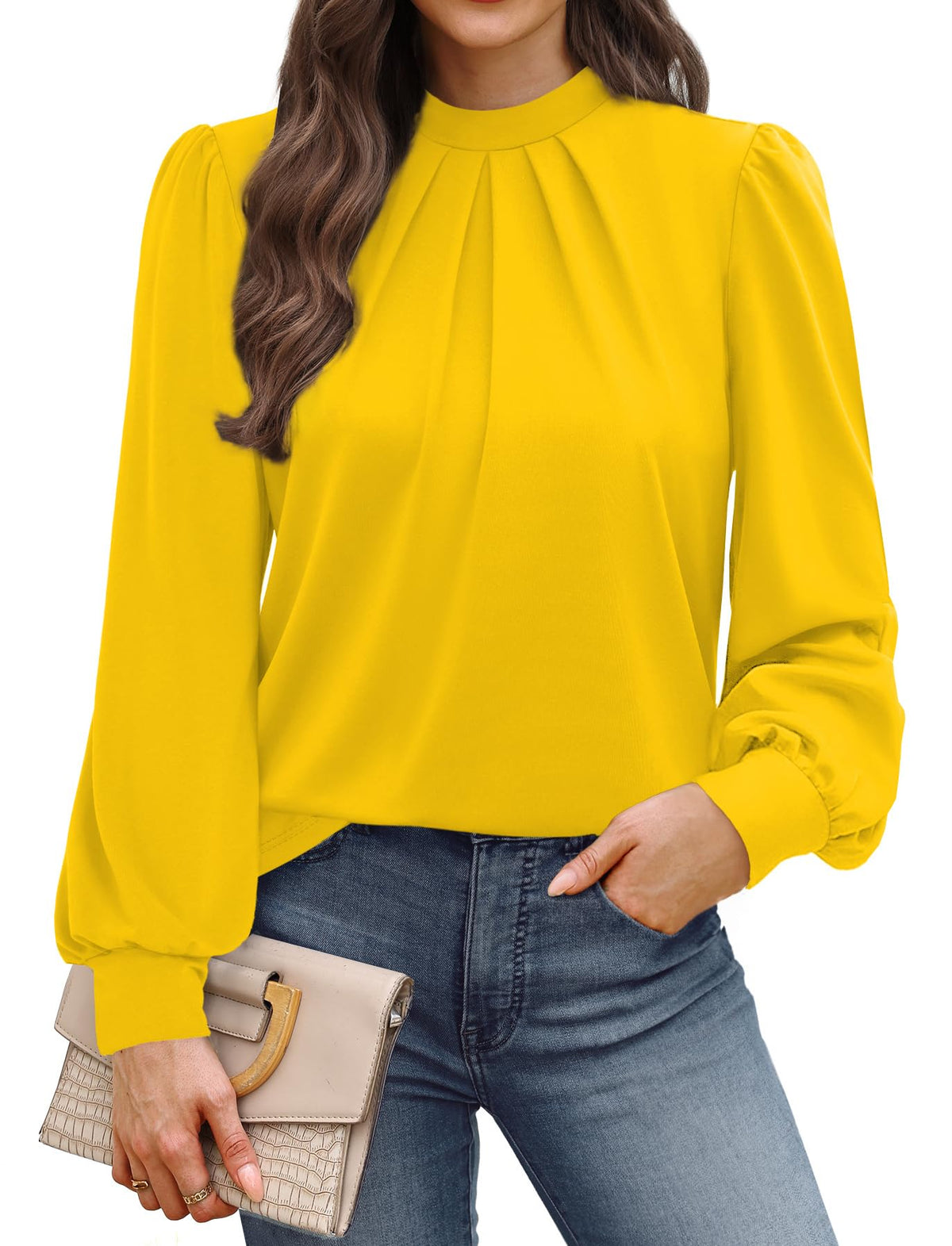WIHOLL Long Sleeve Shirts for Women Mock Neck Tops Pleated Front Blouses Dressy Casual Spring Fall Clothes 2026 Fashion
