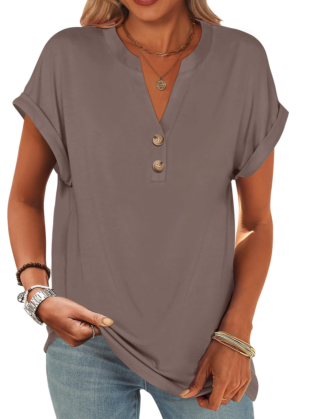 ANRABESS Womens Short Sleeve Henley Tops Summer Shirts Dressy Casual Blouse