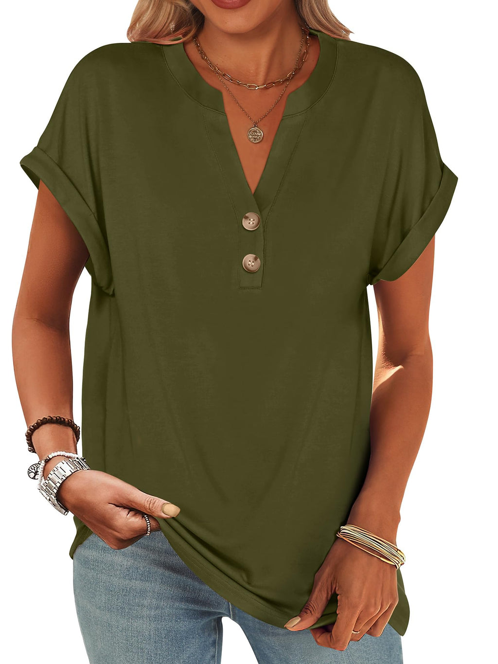 ANRABESS Womens Short Sleeve Henley Tops Summer Shirts Dressy Casual Blouse