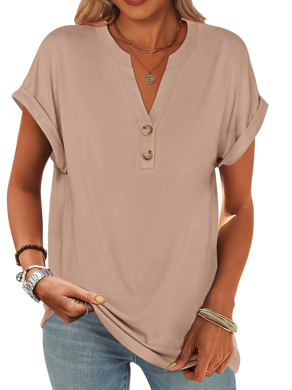 ANRABESS Womens Short Sleeve Henley Tops Summer Shirts Dressy Casual Blouse