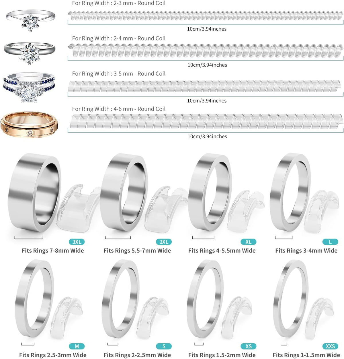 Ottemax Ring Sizers for Loose Rings - 12Pack, 12 Sizes, Ring Guards for Women& Men Loose Rings, Invisible Resizer Design for Spacers & Tighteners, Fits Bands Width to 1mm-8mm
