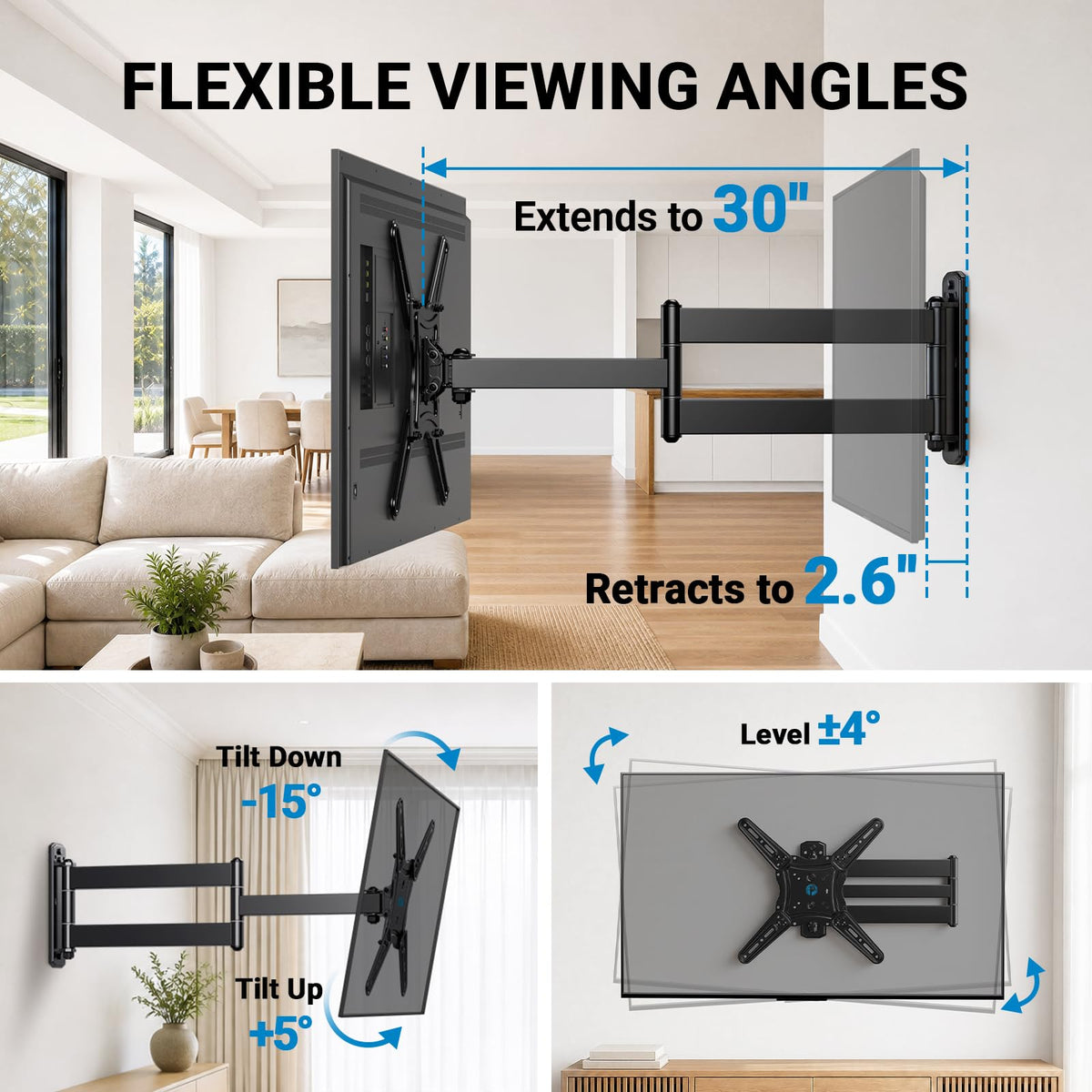 Pipishell TV Wall Mount for 26-74 inch LED LCD OLED 4K TVs up to 99lbs, Full Motion TV Mount Bracket Articulating Swivel Extension Tilting Leveling Max VESA 400x400mm, Fits 12/16 Inch Wood Studs