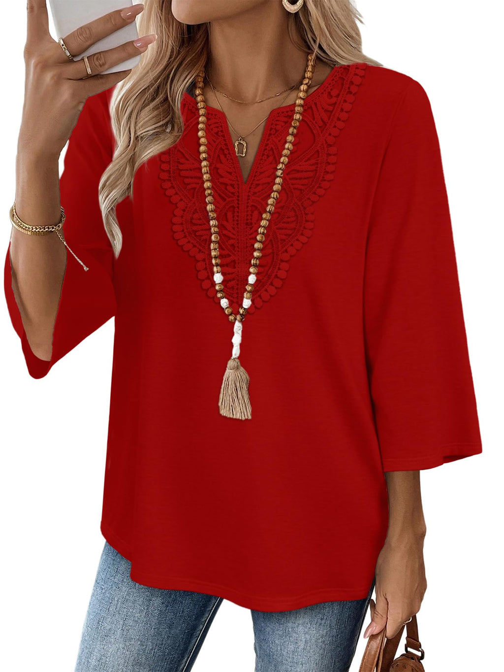 WIHOLL 3/4 Length Sleeve Womens Tops Boho V Neck Lace Shirt Trendy Blouses Dressy Casual Vacation Clothes S-3XL
